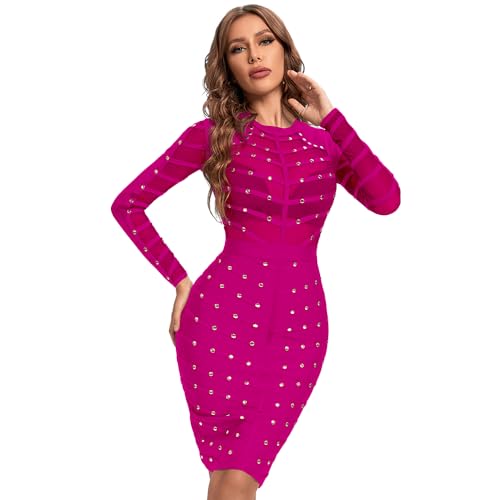 HLBandage Langarm Mesh Perlen Knielänge Rayon Bandage Kleid, Fuchsia, Groß von HLBandage