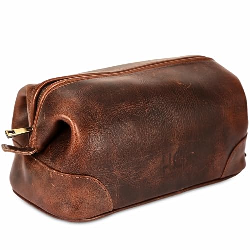 HLC Kulturbeutel aus Leder für Herren – Bestes Geschenk für Männer – Premium Echtleder Dopp Kit Rasierset Organizer Reise-Set Tasche für Männer – Große Größe – Rustikales Braun, Rustikales Braun, von HLC