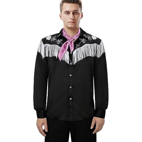 HLENOK Erwachsenen-Kostüm für Herren, Cowboy, Fransenhemd, Jungen, 80er-/90er-Jahre-Puppe, Western-, Halloween, Cosplay, langärmelig, Button-Down-Up-Shirt, Schwarz, Klein von HLENOK