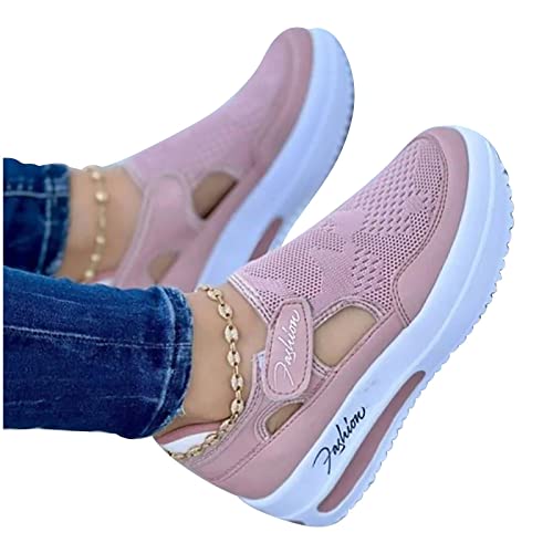 HLIYY Damen Plateau Freizeitschuhe Mit Klettverschluss Sneaker Slip on Flache Schuhe lässige Bootsschuhe Leichte Atmungsaktiv Segelschuhe Bequem Sport Outdoor Leichtgewicht Halbschuhe, Rosa, 38 EU von HLIYY