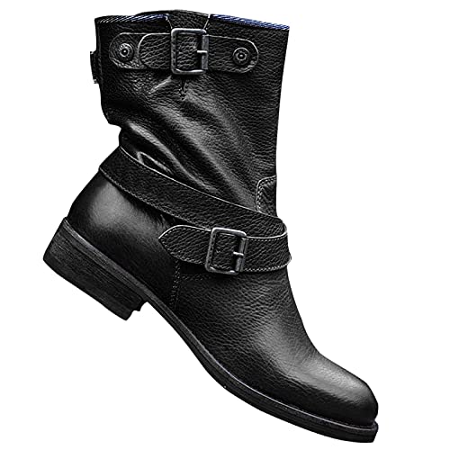 HLIYY Damen Stiefeletten Mit Lederschnalle Biker Boots Mit Blockabsatz Schlupfstiefel Komfort Retro Leder Stiefeletten Kampfstiefel Mode-Stiefel Vintage Motorradstiefel Elegante Kurzstiefel von HLIYY