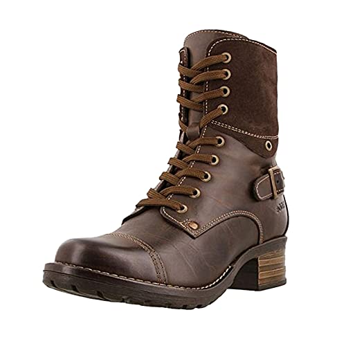 HLIYY Leder Stiefeletten für Damen Herbst Winter Schnürstiefelette Mit Blockabsatz Elegante Kurzstiefel Mit Lederschnalle und Reißverschluss Frauen Komfort Retro Mode-Stiefel Motorradstiefel von HLIYY