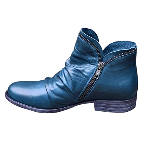 HLIYY Stiefel Damen Frauen Leder Stiefeletten Reißverschluss Kurzstiefel Vintage Mode-Stiefel mit Blockabsatz Elegante Herbst Winter Schuhe Klassische Kampfstiefel Bequeme Biker Boots von HLIYY