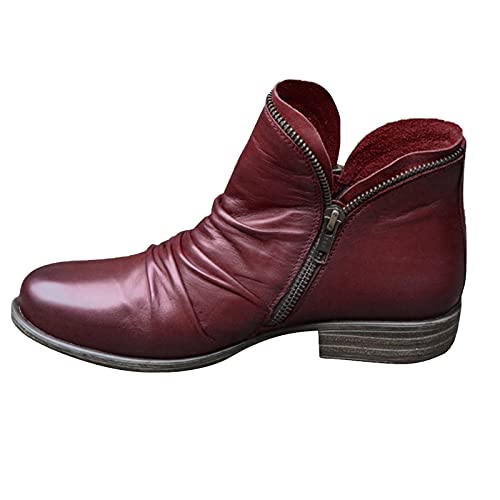 HLIYY Stiefel Damen Frauen Leder Stiefeletten Reißverschluss Kurzstiefel Vintage Mode-Stiefel mit Blockabsatz Elegante Herbst Winter Schuhe Klassische Kampfstiefel Bequeme Biker Boots von HLIYY