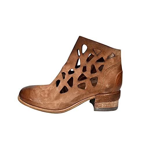 Stiefeletten Damen HLIYY Frauen Einfarbig aushöhlen Kurzstiefel Mit Blockabsatz Komfort Mode-Stiefel Bequeme Ankle Boots Schuhe Reißverschluss Herbst Winter, Braun, 40 EU von HLIYY