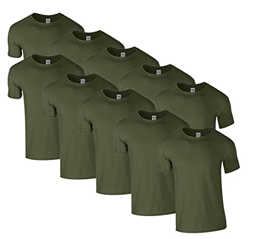 HLKauf 10 Gildan T-Shirts Softstyle Rundhals Ausschnitt M L XL XXL 3XL 4XL 5XL Shirt Herren Baumwolle & GRATIS Block (10x Militarygreen & 1 HLKauf Block, L) von HLKauf