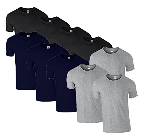 HLKauf 10 Gildan T-Shirts Softstyle Rundhals Ausschnitt M L XL XXL 3XL 4XL 5XL Shirt Herren Baumwolle & GRATIS Block (4X Schwarz, 3X Sportgrey, 3X Navy & 1 HLKauf Block, L) von HLKauf