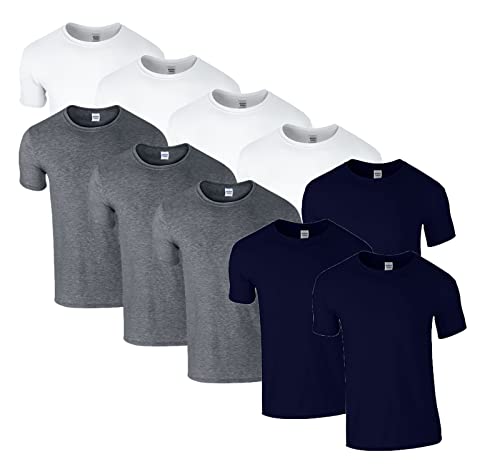 HLKauf 10 Gildan T-Shirts Softstyle Rundhals Ausschnitt M L XL XXL 3XL 4XL 5XL Shirt Herren Baumwolle & GRATIS Block (4X Weiss, 3X Dark Heather, 3X Navy & 1 HLKauf Block, XXL) von HLKauf