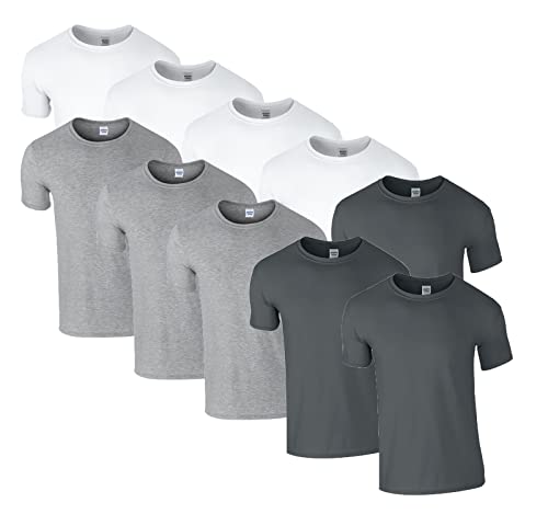 HLKauf 10 Gildan T-Shirts Softstyle Rundhals Ausschnitt M L XL XXL 3XL 4XL 5XL Shirt Herren Baumwolle & GRATIS Block (4X Weiss, 3X Sportgrey, 3X Charcoal & 1 HLKauf Block, L) von HLKauf