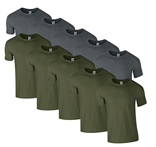 HLKauf 10 Gildan T-Shirts Softstyle Rundhals Ausschnitt M L XL XXL 3XL 4XL 5XL Shirt Herren Baumwolle & GRATIS Block (5X Military, 5X Charcoal & 1 HLKauf Block, M) von HLKauf