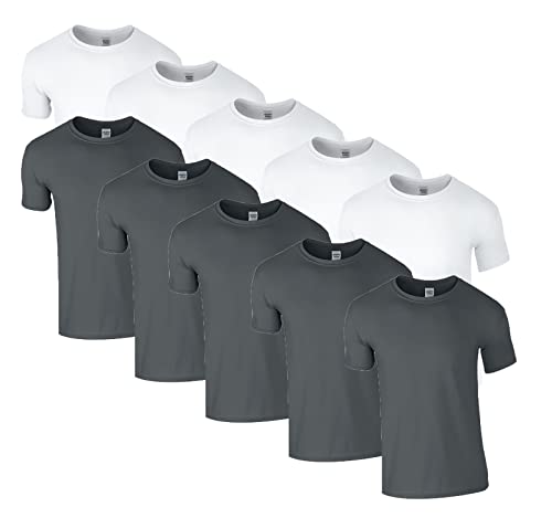 HLKauf 10 Gildan T-Shirts Softstyle Rundhals Ausschnitt M L XL XXL 3XL 4XL 5XL Shirt Herren Baumwolle & GRATIS Block (5X Weiss, 5X Charcoal & 1 HLKauf Block, L) von HLKauf