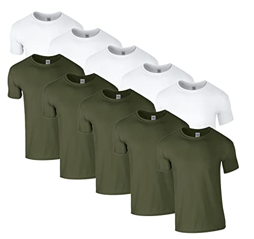 HLKauf 10 Gildan T-Shirts Softstyle Rundhals Ausschnitt M L XL XXL 3XL 4XL 5XL Shirt Herren Baumwolle & GRATIS Block (5X Weiss, 5X Military & 1 HLKauf Block, L) von HLKauf
