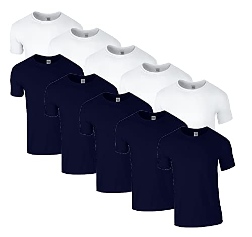 HLKauf 10 Gildan T-Shirts Softstyle Rundhals Ausschnitt M L XL XXL 3XL 4XL 5XL Shirt Herren Baumwolle & GRATIS Block (5X Weiss, 5X Navy & 1 HLKauf Block, L) von HLKauf