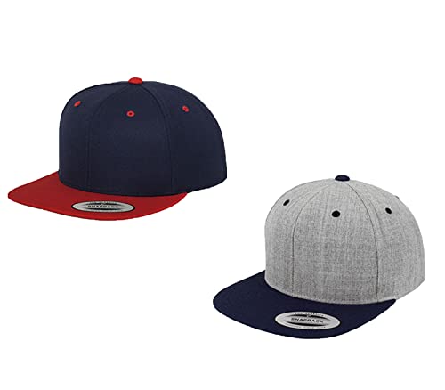 2er Flexfit Snapback Unisex Classic Cap 2-Tone Cap | viele Farbsets | Einheitsgröße | + GRATIS HLKauf Block (Farbe: 1x Navy/Red & 1x Heathergrey/Navy & 1x HLKauf Block) von HLKauf