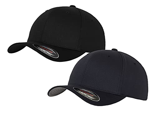 2er Flexfit Unisex Wooly Combed Cap Baseball Caps graue Unterseite S M L XL XXL Basecap Mütze, L/XL, 1x Black-Black + 1x Dark Navy + 1x HL-Kauf Notizblock von HLKauf