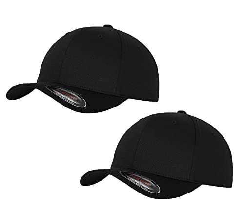 2er Flexfit Unisex Wooly Combed Cap Baseball Caps graue Unterseite S M L XL XXL Basecap Mütze, L/XL, 2X Black-Black + 1x HL-Kauf Notizblock von HLKauf