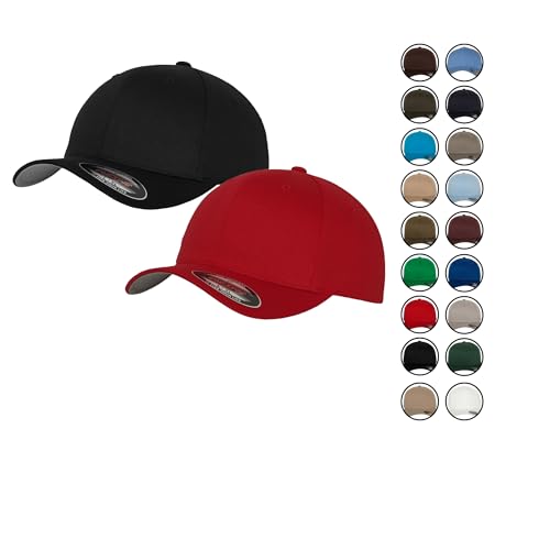 2er Flexfit Unisex Wooly Combed Cap Baseball Caps graue Unterseite S M L XL XXL Basecap Mütze, S/M, 1x Schwarz + 1x Rot + 1x HL-Kauf Notizblock von HLKauf