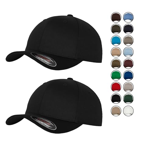 2er Flexfit Unisex Wooly Combed Cap Baseball Caps graue Unterseite S M L XL XXL Basecap Mütze, S/M, 2X Black-Black + 1x HL-Kauf Notizblock von HLKauf