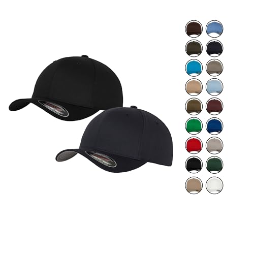 2er Flexfit Unisex Wooly Combed Cap Baseball Caps graue Unterseite S M L XL XXL Basecap Mütze, Youth, 1x Black-Black + 1x Dark Navy + 1x HL-Kauf Notizblock von HLKauf