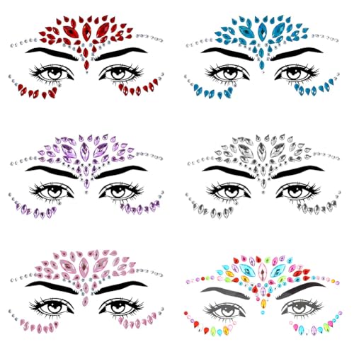 Pack von 6 Glitter Steine Gesicht für Halloween, Festival Strass Edelsteine Gesicht Edelsteine Aufkleber Selbstklebende Edelsteine Temporäre Tattoos für Karneval Rave Party Make-up Frauen Pack von 6 Glitter Steine Gesicht für Halloween, Festival Strass Edelsteine Gesicht Edelsteine Aufkleber Selbstklebende Edelsteine Temporäre Tattoos für Karneval Rave Party Make-up Frauen von HLQDLP