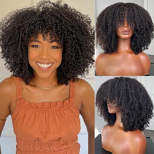 HLSK Afro Kinky Lockige Perücke mit Pony, Echthaar, für schwarze Frauen, 61 cm (24 Zoll), 200 Dichte, lockig, brasilianisches Haar, komplett maschinell hergestellt von HLSK