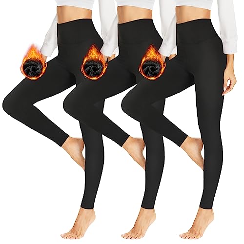 HLTPRO Leggings Damen Gefütterte Thermoleggins Mit Teddy-Innenfleece High Waist Leggins Warm Winter Sportleggins Lang Strumpfhosen Yogahose Laufhose(3er-Schwarz,L-XL) von HLTPRO