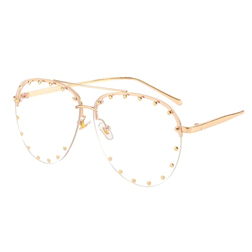 HLVDLSNI Frauen Übergroße Sonnenbrille Klassische Modemarke Randlose Niet Sonnenbrille for Weibliche Goggle Shades Damen Metallbrillen(Gold Clear) von HLVDLSNI