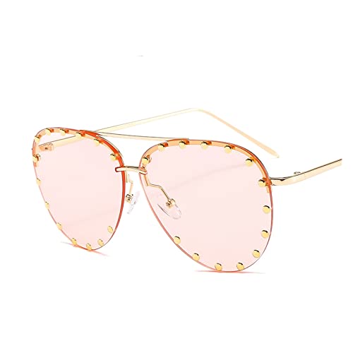 HLVDLSNI Frauen Übergroße Sonnenbrille Klassische Modemarke Randlose Niet Sonnenbrille for Weibliche Goggle Shades Damen Metallbrillen(Gold Pink) von HLVDLSNI