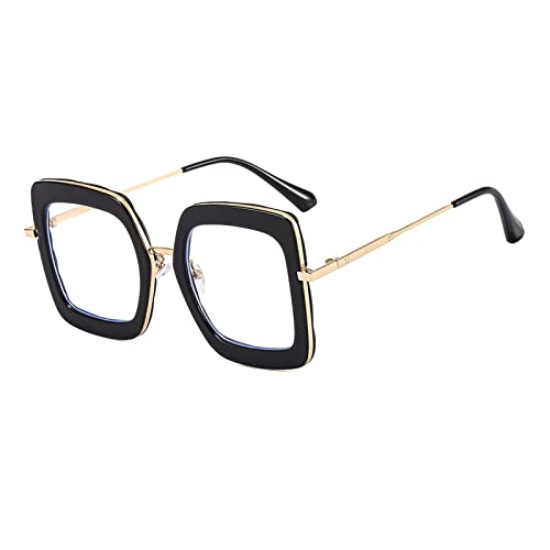 HLVDLSNI Großer quadratischer Damenbrillenrahmen mit einzigartigem Design, transparente Computerbrille aus modischem Markenmetall, transparente Retro-Gläser(Black) von HLVDLSNI