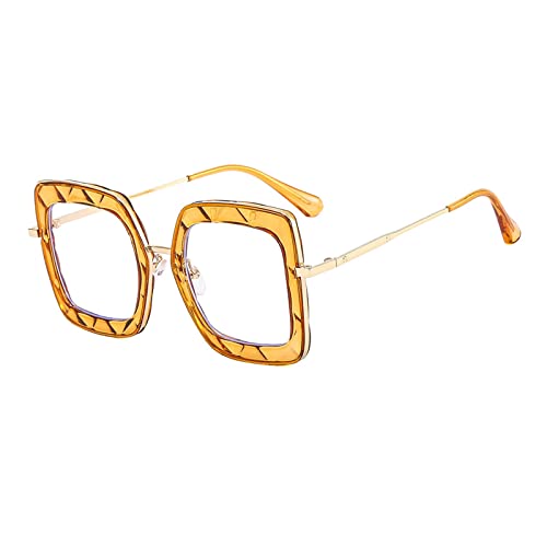 HLVDLSNI Großer quadratischer Damenbrillenrahmen mit einzigartigem Design, transparente Computerbrille aus modischem Markenmetall, transparente Retro-Gläser(Orange) von HLVDLSNI