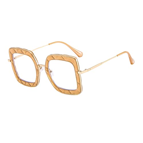 HLVDLSNI Großer quadratischer Damenbrillenrahmen mit einzigartigem Design, transparente Computerbrille aus modischem Markenmetall, transparente Retro-Gläser(Tea) von HLVDLSNI