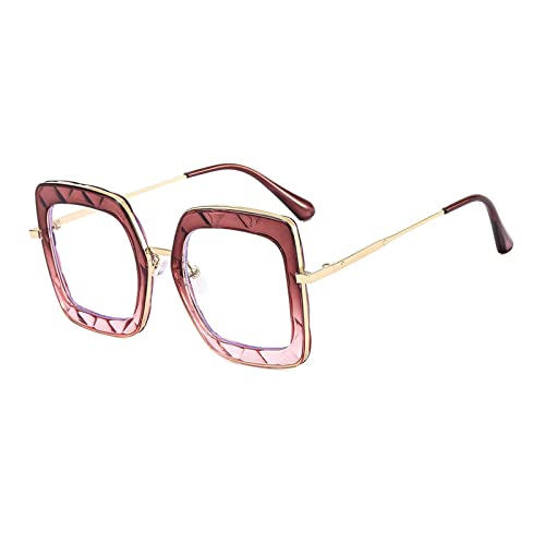 HLVDLSNI Großer quadratischer Damenbrillenrahmen mit einzigartigem Design, transparente Computerbrille aus modischem Markenmetall, transparente Retro-Gläser(Tea Pink) von HLVDLSNI