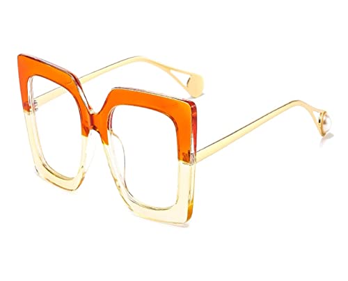 HLVDLSNI Modischer quadratischer Brillenrahmen mit Blumenmuster, modisches und luxuriöses Design, transparente Linsen, übergroße Brille, modischer Stil(Orange Yellow) von HLVDLSNI
