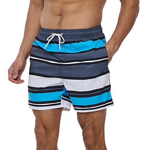 HLVEXH Badehose für Herren Kurz Eng Badeshorts mit Innenhose Strandshorts Ferien Blau Weiß Grau Gestreift XL von HLVEXH