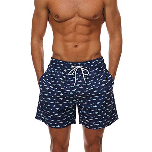 HLVEXH Herren Badehose Kurz mit Taschen Über dem Knie Urlaub Marineblauer Hai Fisch 3XL von HLVEXH