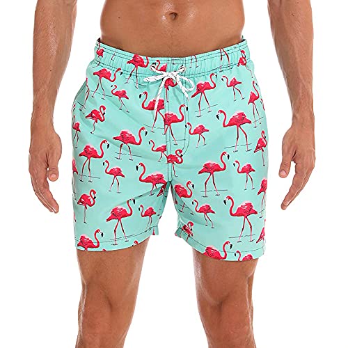 HLVEXH Herren Hawaiisch Strandshorts Badehose Schnelltrocknend Schwimmhosen mit Netzfutter Grün Rosa Flamingo 2XL von HLVEXH