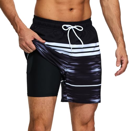 HLVEXH Herren Marineblau Weiße Streifen Muster Badehose Boardshorts mit Taschen XL von HLVEXH