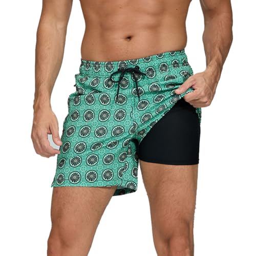 HLVEXH Männer Badehose Schnelltrocknend Strand Boardshorts Kordelzug Leicht mit Elastische Taille und Taschen Schwarz Weiß Gitter XL von HLVEXH