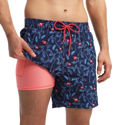 HLVEXH Männer Schnelltrocknend Badehose mit Mesh-Futter Surfen Badeshorts Navy Blau L von HLVEXH