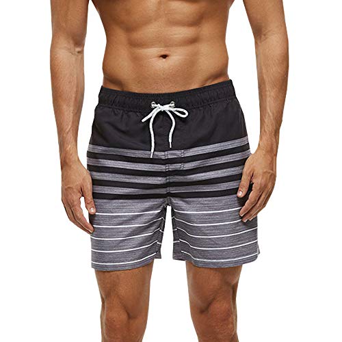 HLVEXH Männer Badehosen Coole Kurz Sommer Schlank Passen Schnelltrocknend Boardshorts mit Mesh-Futter Bunte Schwarz Weiß Print Farbe Gestreift L von HLVEXH