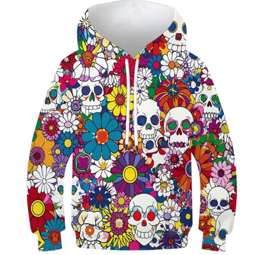 HLXZMCVBT Schädel Kinder Hoodie 3D Druck Kapuzenpullover Langarm Pullover Sweatshirts Mit Taschen 7-9Y von HLXZMCVBT