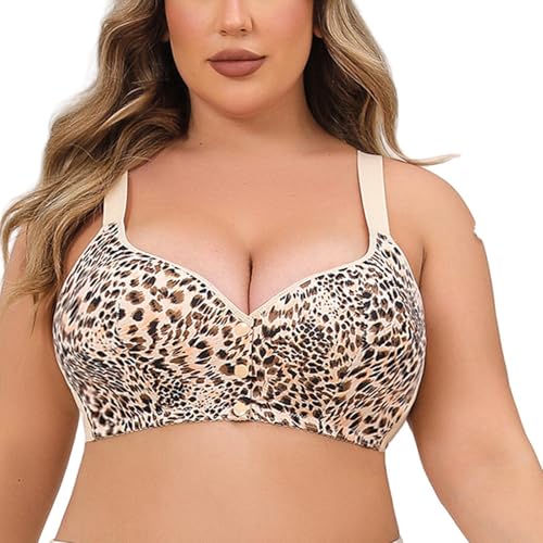 HLYLDL Damen Alltäglich Leopardenmuster Frontverschluss Knopf-BHS Nahtloser kabelloser BH aus Reiner Baumwolle mit weichem Körbchen in großer Größe von HLYLDL