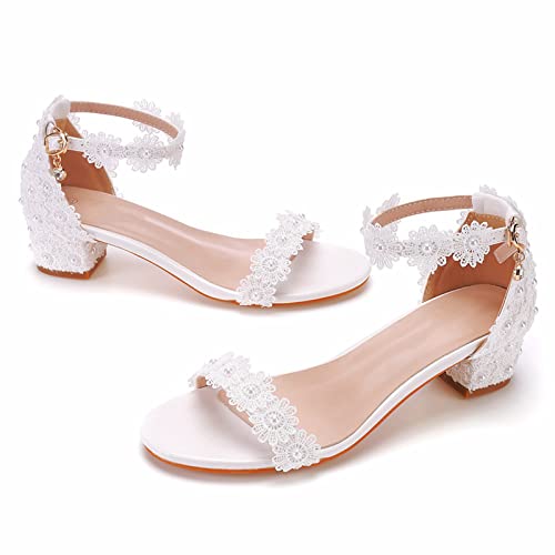 Brautschuhe Für Damen, Weiße Hochzeitsschuhe Offene Zehen High Heels, Sandalen Knöchelriemen Bequem Klobige Absätze Brautjungfer Abendessen Kleid, Tanzschuhe, 4 Cm/1,57 Zoll,Weiß,38 EU von HLZHJXB