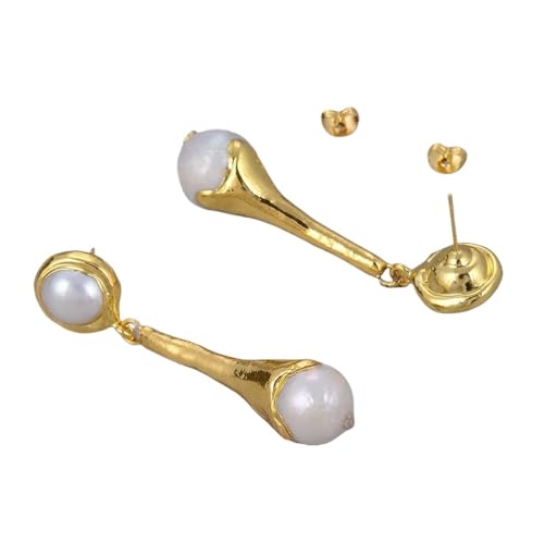 HMCOCOOFM White Pearl Yellow Plated Pearl Stud Earrings Classic For Women Lady Jewelry Gift von HMCOCOOFM