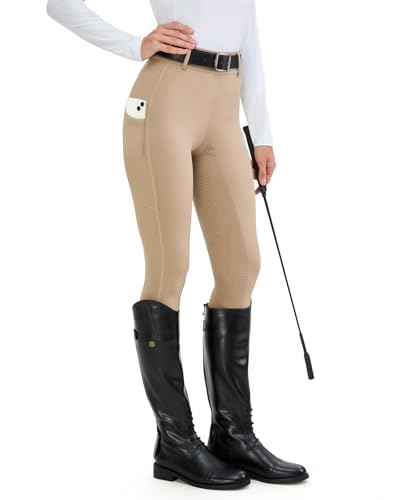 H.MILES Reitleggings Damen Vollbesatz High Waist Elastische Reithose Damen mit Handytasche Gürtelschlaufen Khaki L von H.MILES