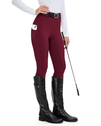 H.MILES Reitleggings Damen Vollbesatz High Waist Elastische Reithose Damen mit Handytasche Gürtelschlaufen Rot L von H.MILES