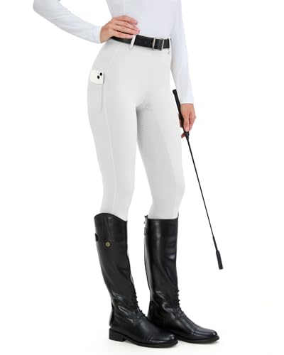 H.MILES Reitleggings Damen Vollbesatz High Waist Elastische Reithose Damen mit Handytasche Gürtelschlaufen Weiß S von H.MILES