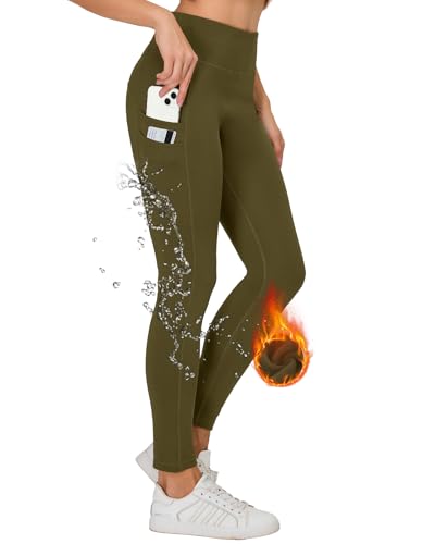 H.MILES Thermo Sport Leggings Damen Winter Wasserdicht Fleece Gefüttert Leggins Hohe Taille Blickdicht Sportleggings Laufhose mit Taschen Braun 3XL von H.MILES