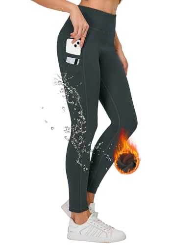 H.MILES Thermo Sport Leggings Damen Winter Wasserdicht Fleece Gefüttert Leggins Hohe Taille Blickdicht Sportleggings Laufhose mit Taschen Grau XL von H.MILES