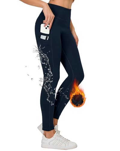 H.MILES Thermo Sport Leggings Damen Winter Wasserdicht Fleece Gefüttert Leggins Hohe Taille Blickdicht Sportleggings Laufhose mit Taschen Marine Blau XXL von H.MILES